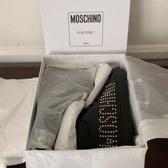 Moschino High Top logo studded leather sneaker in black size US 7 or EU 37 - Picture 4 of 12